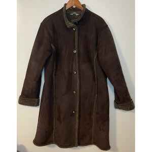 LL Bean Faux Suede Coat Faux‎ Sherpa Shearling Jacket Woman L Chocolate Brown